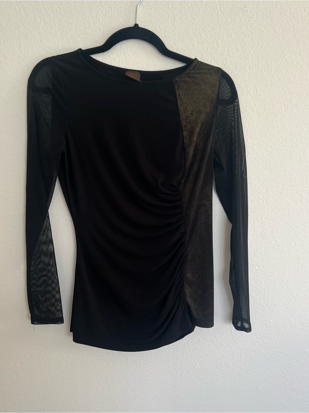 Anne Klein Black Long Sleeve Mesh & Metallic Panel Top